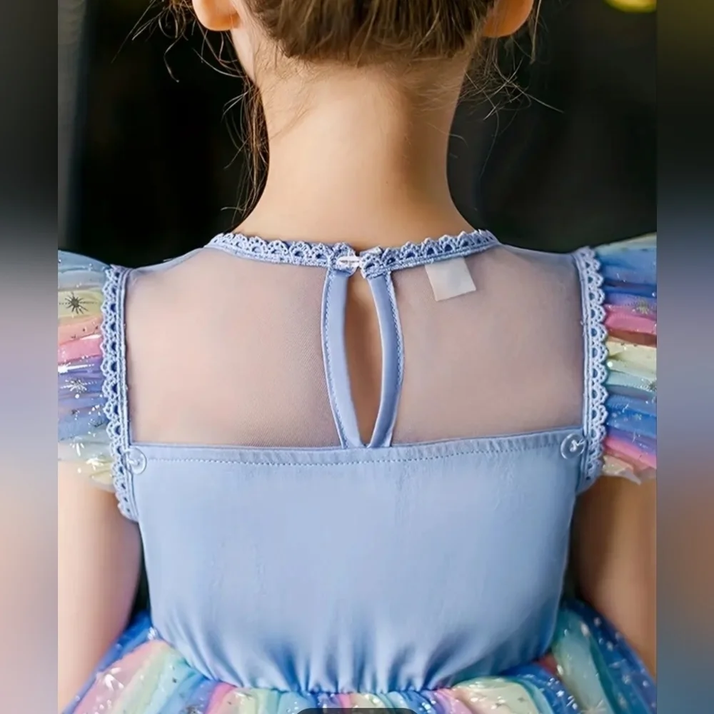 Girls Colorful Ruffled Mesh Dress Light Blue
